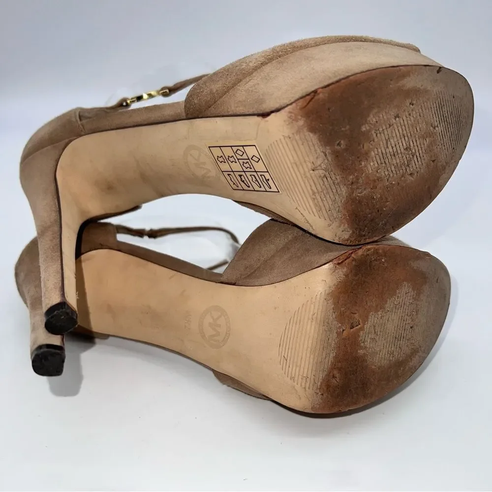 MICHAEL Michael Kors Brown Suede Platform T-Strap Heels